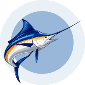 Blue marlin illustration on dark background.